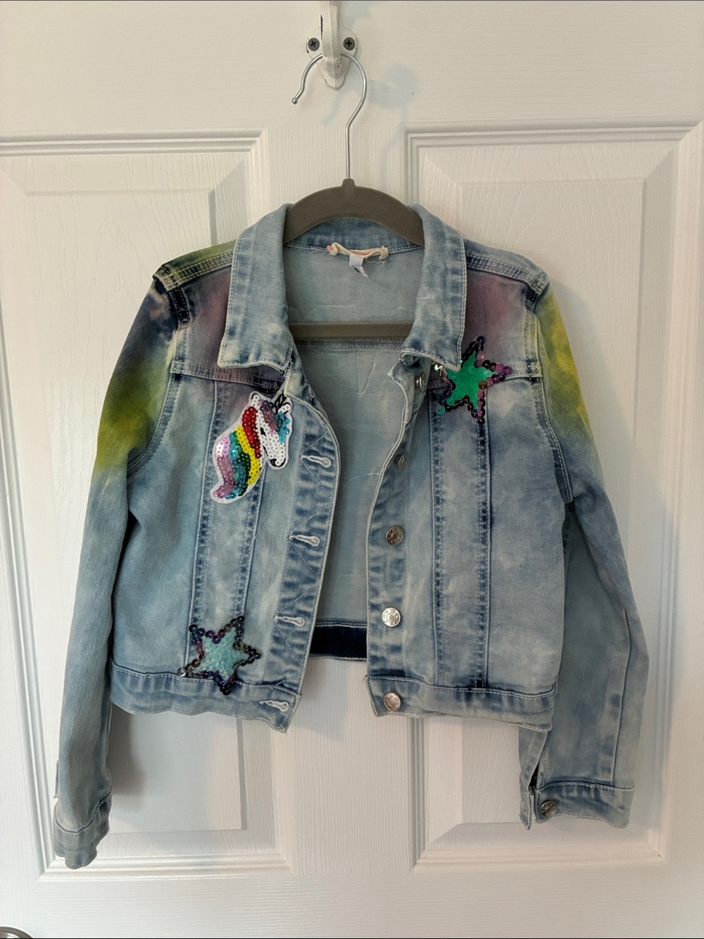 Girls' Light Wash Denim Jacket with Rainbow Unicorn & Star Patches